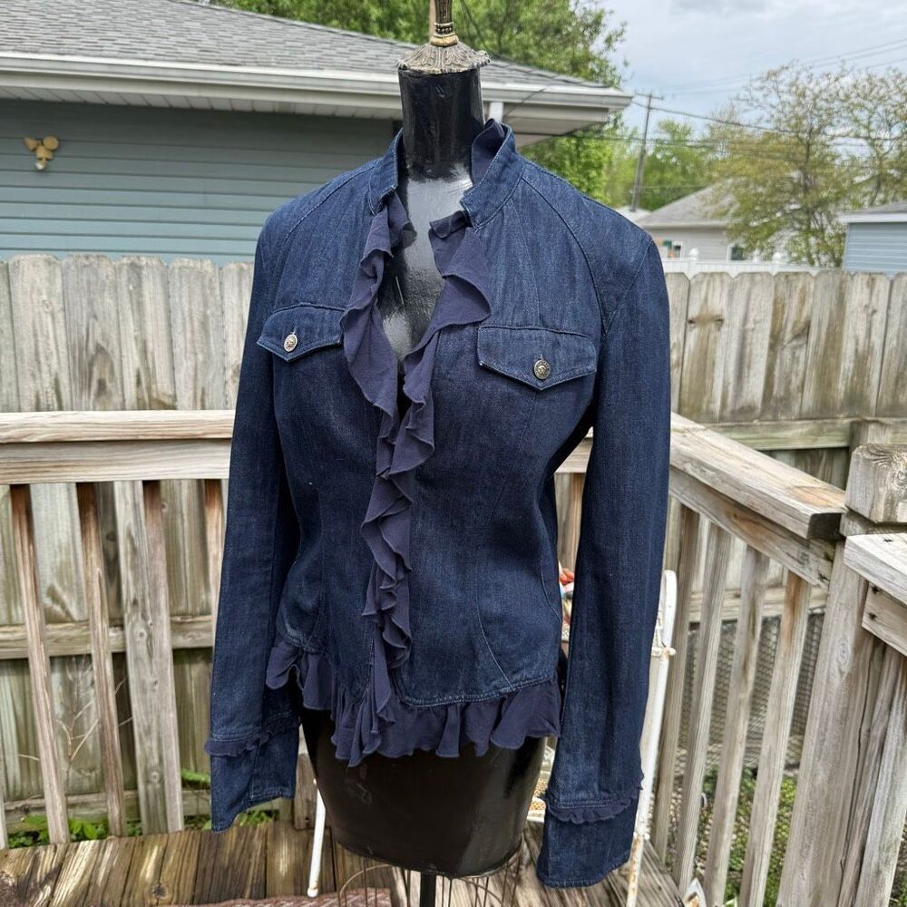 Authentic Versace Jeans Couture Denim Ruffle Jacket Italy Made Dark Wash Fitted